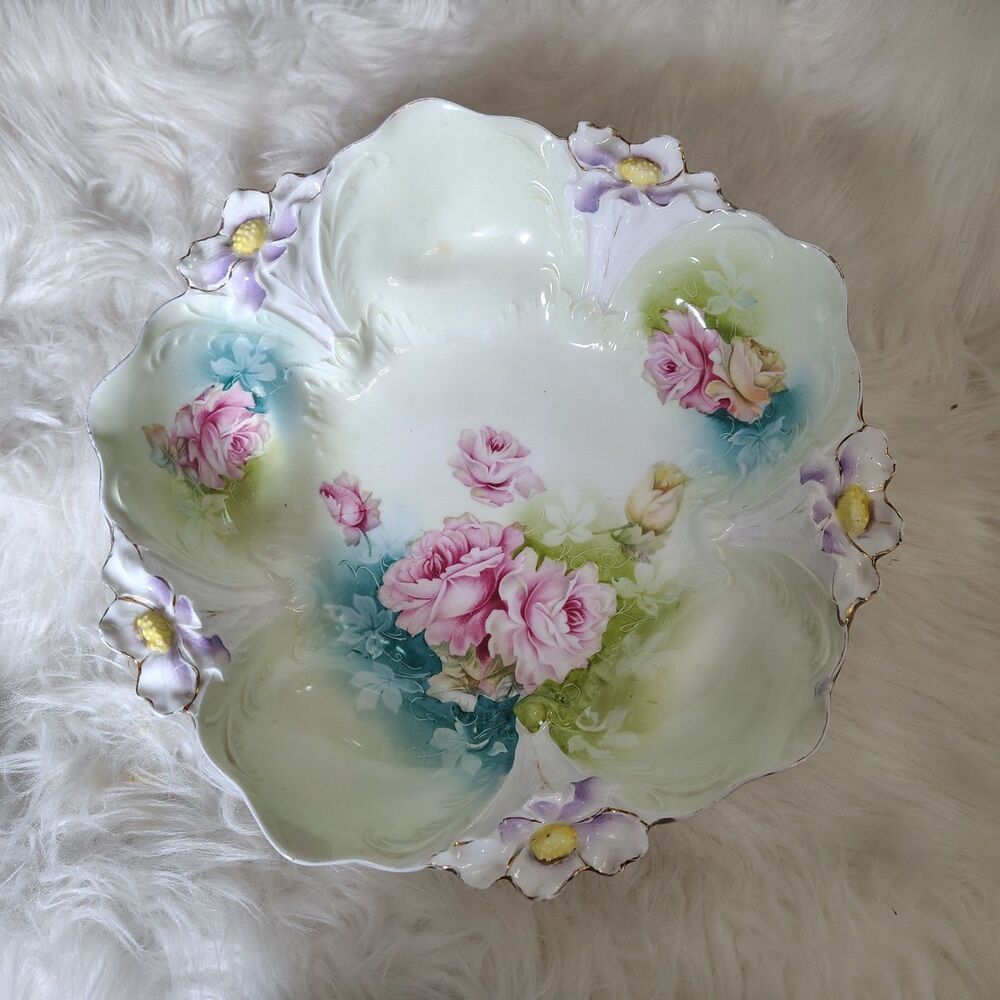 VTG R.S. Prussia Porcelain Floral Serving Bowl 1890-1910s MCM Victorian Germany